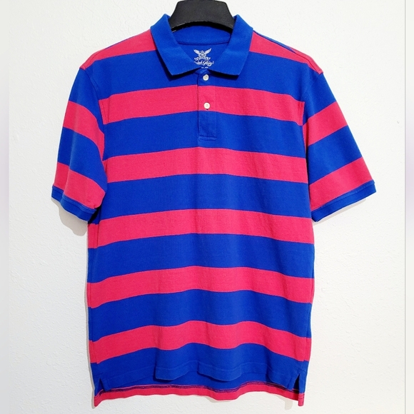 Faded Glory Polo Shirt Short Sleeve Red Striped 100% Cotton Men's Size Medium - Picture 1 of 7
